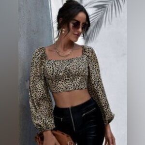 Shein Women’s Lantern Long Sleeve Ruched Bust Dalmatian Crop Top